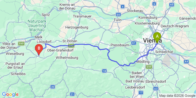 Map: Vienna International Busterminal (VIB) to Melk