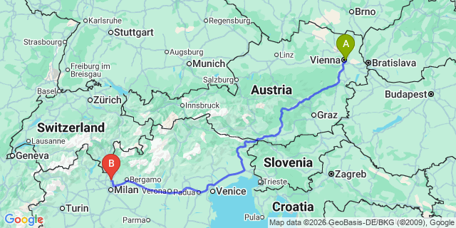 Map: Vienna International Busterminal (VIB) to Milan (all areas)
