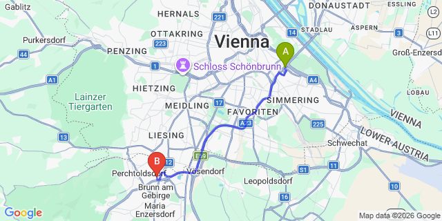 Map: Vienna International Busterminal (VIB) to Mödling