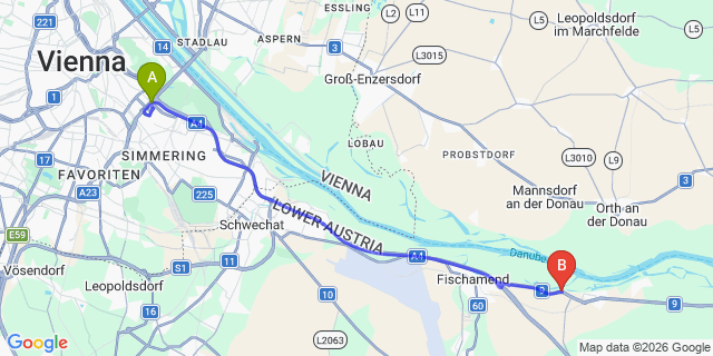 Map: Vienna International Busterminal (VIB) to Mörbisch am See