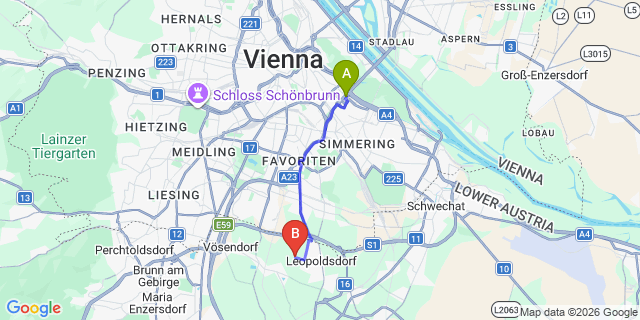 Map: Vienna International Busterminal (VIB) to Münchendorf