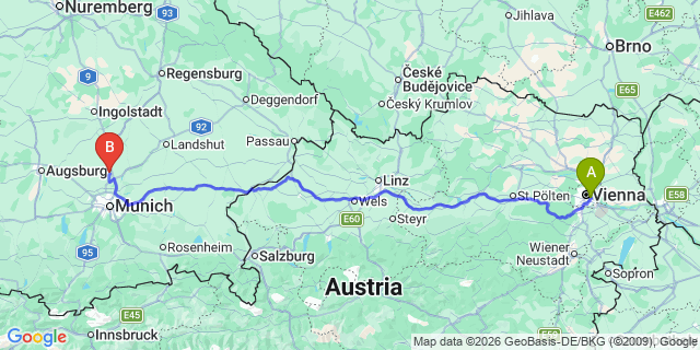 Map: Vienna International Busterminal (VIB) to Munich (all areas)