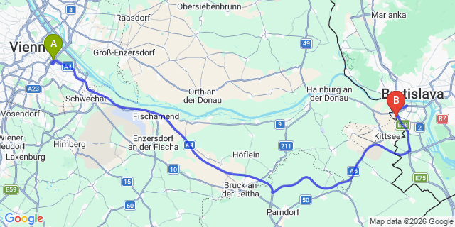 Map: Vienna International Busterminal (VIB) to Nickelsdorf