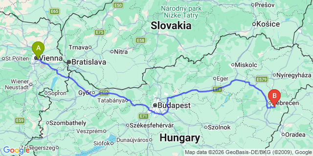 Map: Vienna International Busterminal (VIB) to Nyíregyháza
