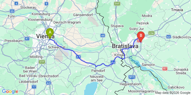 Map: Vienna International Busterminal (VIB) to Olomouc