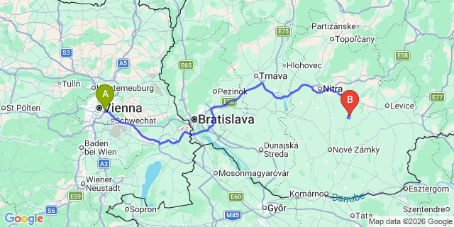 Map: Vienna International Busterminal (VIB) to Oroszlány