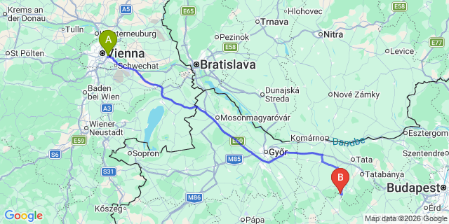 Map: Vienna International Busterminal (VIB) to Pécs
