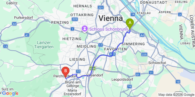 Map: Vienna International Busterminal (VIB) to Perchtoldsdorf