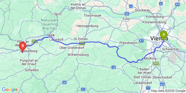 Map: Vienna International Busterminal (VIB) to Persenbeug