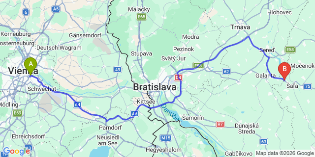 Map: Vienna International Busterminal (VIB) to Piestany