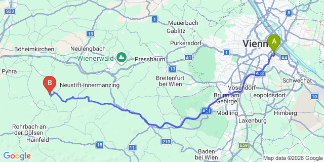 Map: Vienna International Busterminal (VIB) to Pischelsdorf in der Steiermark