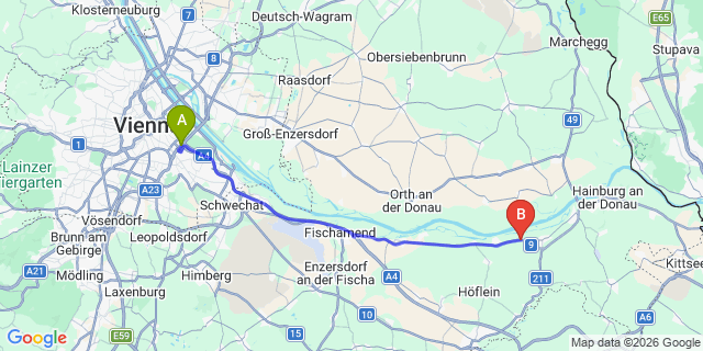 Map: Vienna International Busterminal (VIB) to Podersdorf am See