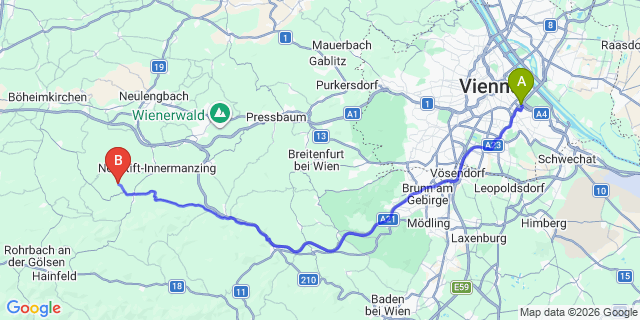 Map: Vienna International Busterminal (VIB) to Pöllauberg