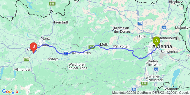Map: Vienna International Busterminal (VIB) to Pörtschach am Wörther See