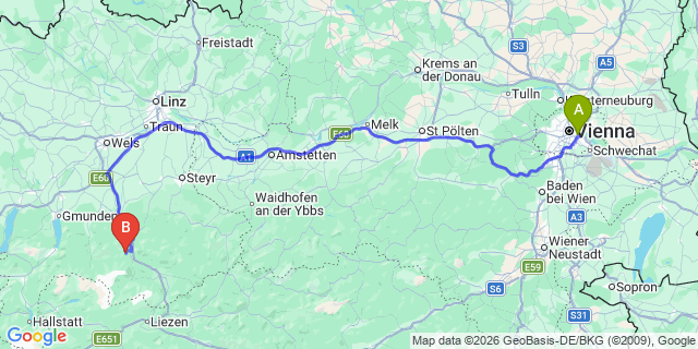 Map: Vienna International Busterminal (VIB) to Pörtschach am Wörthersee