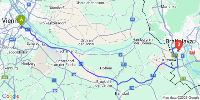 Map: Vienna International Busterminal (VIB) to Prostejov