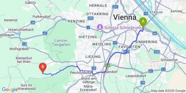Map: Vienna International Busterminal (VIB) to Pukersdorf