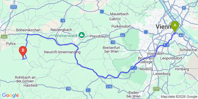 Map: Vienna International Busterminal (VIB) to Rohr im Gebirge