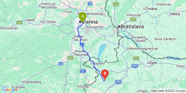 Map: Vienna International Busterminal (VIB) to Röjtökmuzsaj