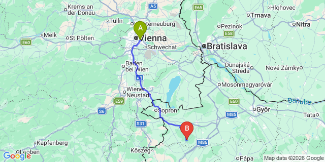 Map: Vienna International Busterminal (VIB) to Sárvár