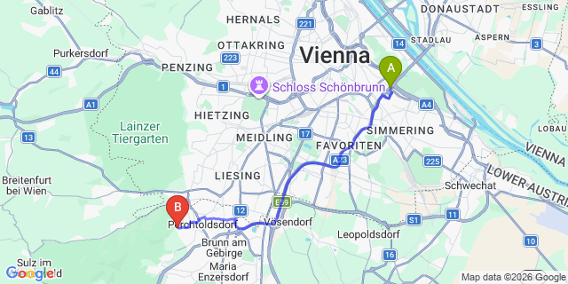 Map: Vienna International Busterminal (VIB) to Sebranice