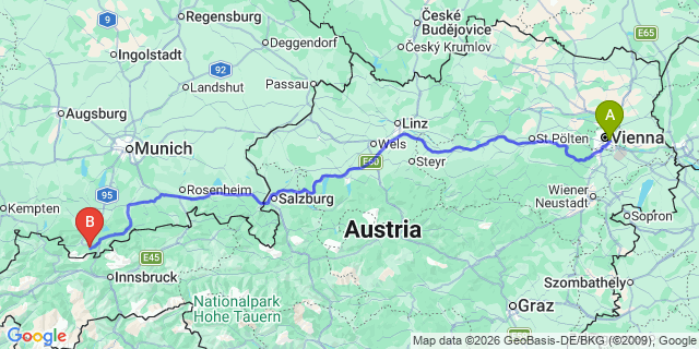 Map: Vienna International Busterminal (VIB) to Seefeld in Tirol