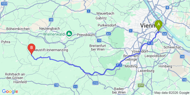 Map: Vienna International Busterminal (VIB) to Semmering
