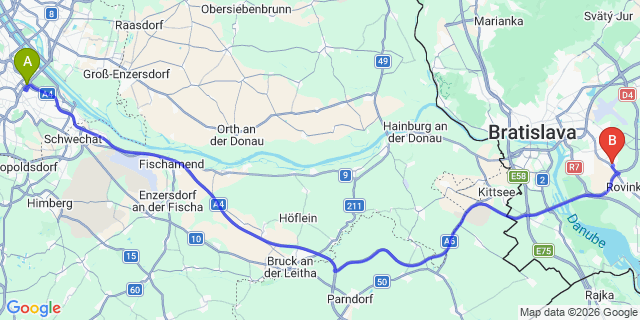 Map: Vienna International Busterminal (VIB) to Skalica Golf Resort