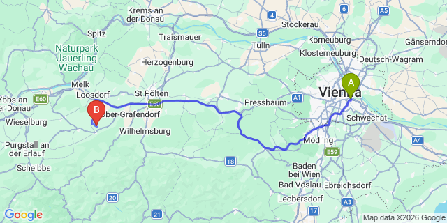 Map: Vienna International Busterminal (VIB) to Spitz an der Donau