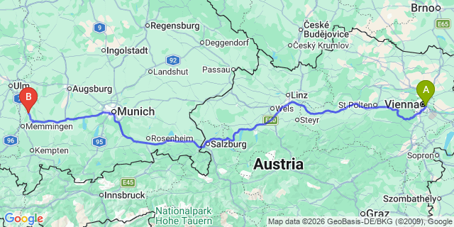 Map: Vienna International Busterminal (VIB) to St Anton am Arlberg