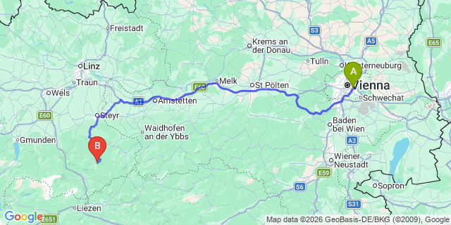 Map: Vienna International Busterminal (VIB) to Steyr