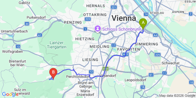 Map: Vienna International Busterminal (VIB) to Stockerau