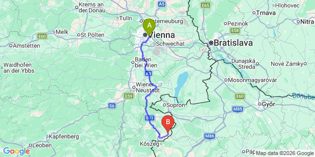 Map: Vienna International Busterminal (VIB) to Szombathely