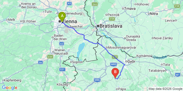 Map: Vienna International Busterminal (VIB) to Tapolca