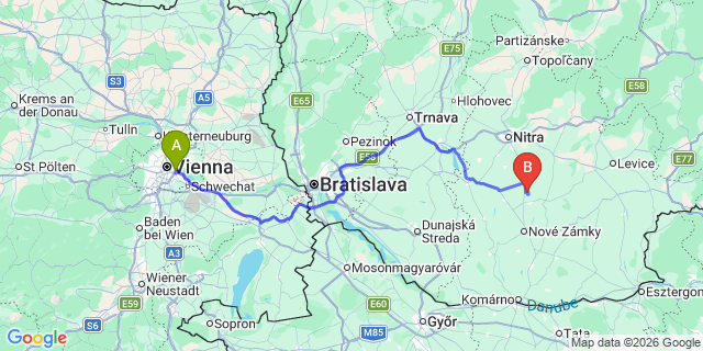 Map: Vienna International Busterminal (VIB) to Topolcany