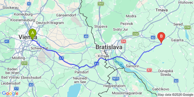 Map: Vienna International Busterminal (VIB) to Trnava