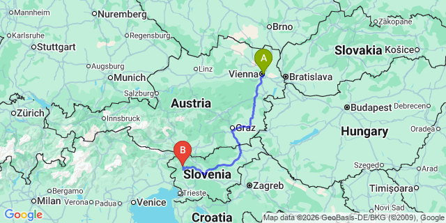 Map: Vienna International Busterminal (VIB) to Turracherhöhe