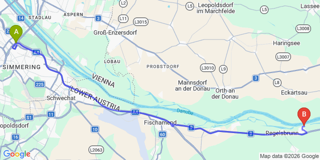 Map: Vienna International Busterminal (VIB) to Velké Pavlovice