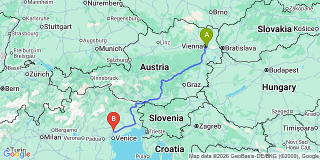 Map: Vienna International Busterminal (VIB) to Venice