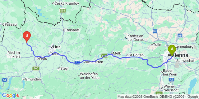 Map: Vienna International Busterminal (VIB) to Villach
