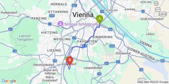 Map: Vienna International Busterminal (VIB) to Vösendorf