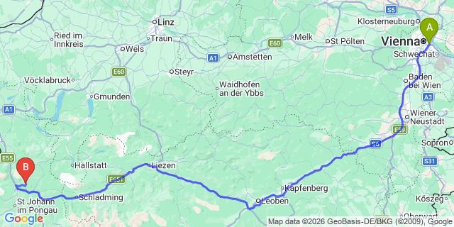 Map: Vienna International Busterminal (VIB) to Wagrain