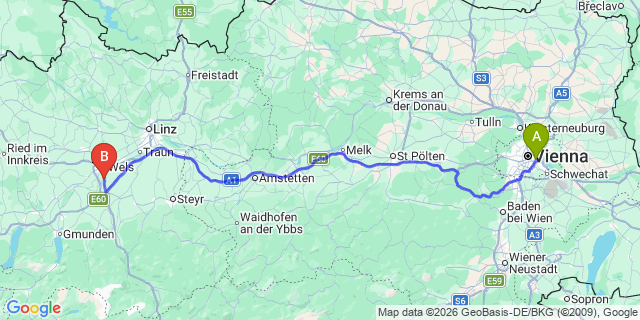Map: Vienna International Busterminal (VIB) to Wels