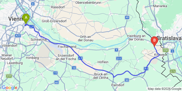 Map: Vienna International Busterminal (VIB) to Záhorská Bystrica