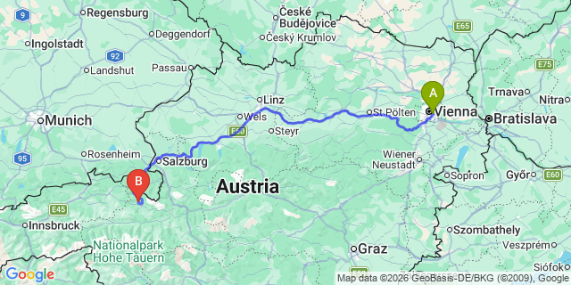 Map: Vienna International Busterminal (VIB) to Zell am See