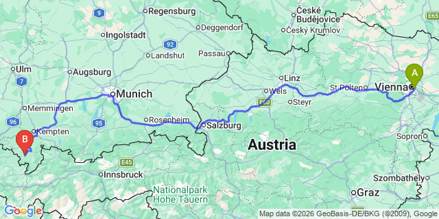 Map: Vienna International Busterminal (VIB) to Zürs am Arlberg