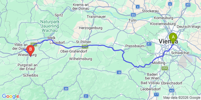 Map: Vienna International Busterminal (VIB) to Zwettl
