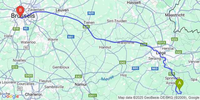 Map: Brussels Midi Train Station to Amblève