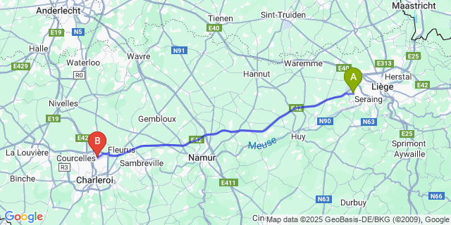 Map: Charleroi Airport Brussels South (CRL) to Mons-lez-Liège