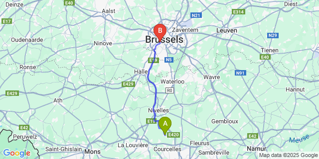 Map: Brussels Midi Train Station to Pont-à-Celles